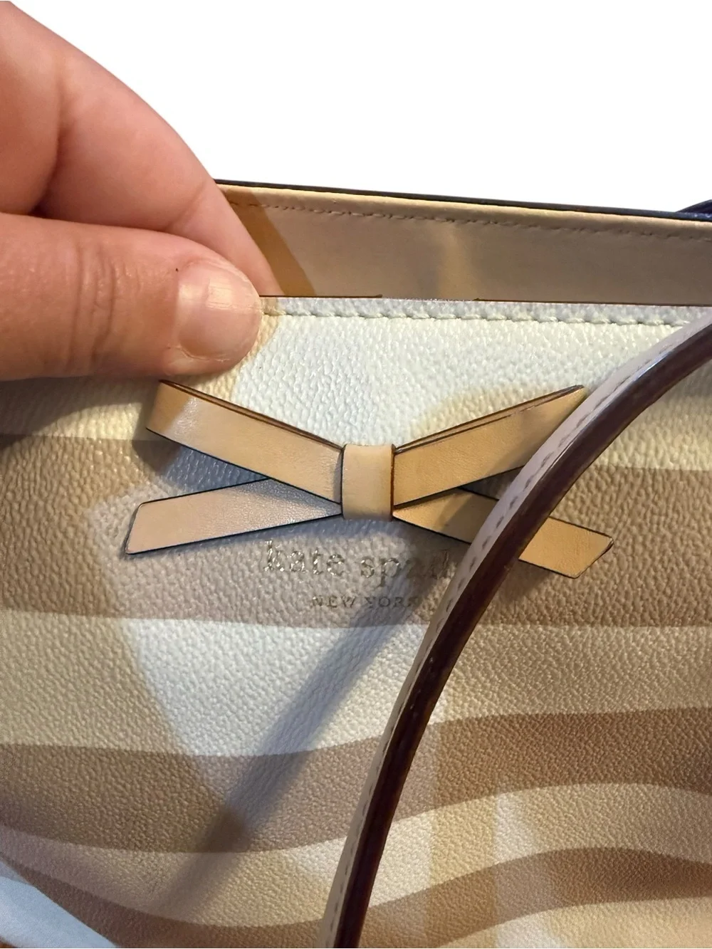 Kate spade Striped Beige & White Tote with Bow Accent